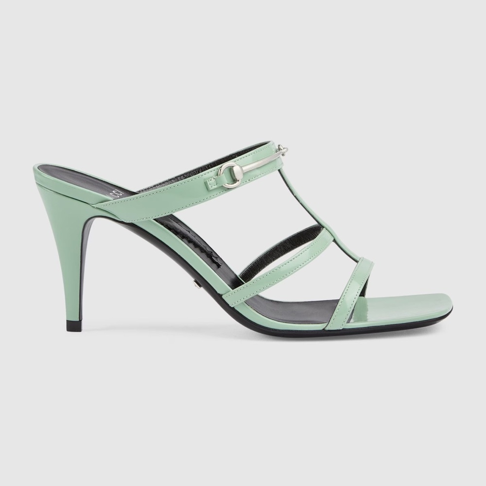 NEW Gucci Pacific Green Glossy Leather Horsebit Heel Mule Sandals Size EU 39.5